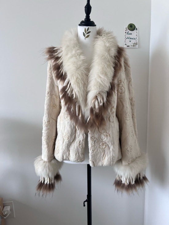 Vintage Jackets & Blazers - Vintage Cream White Real Rabbit Fur Jacket w Fox Fur Collar & Cuffs M Floral Y2K